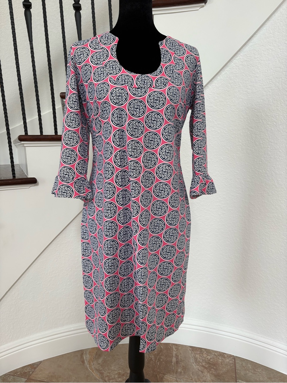 Katherine Way Pink and Navy Printed Midi Shift Dress